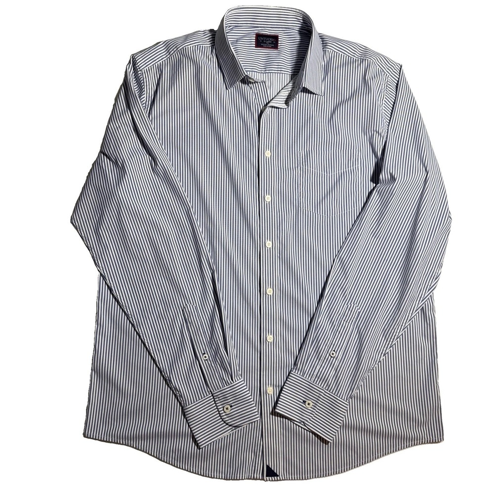 Men's Untuckit White & Blue Stripe Nylon Dress Shirt XL Tall